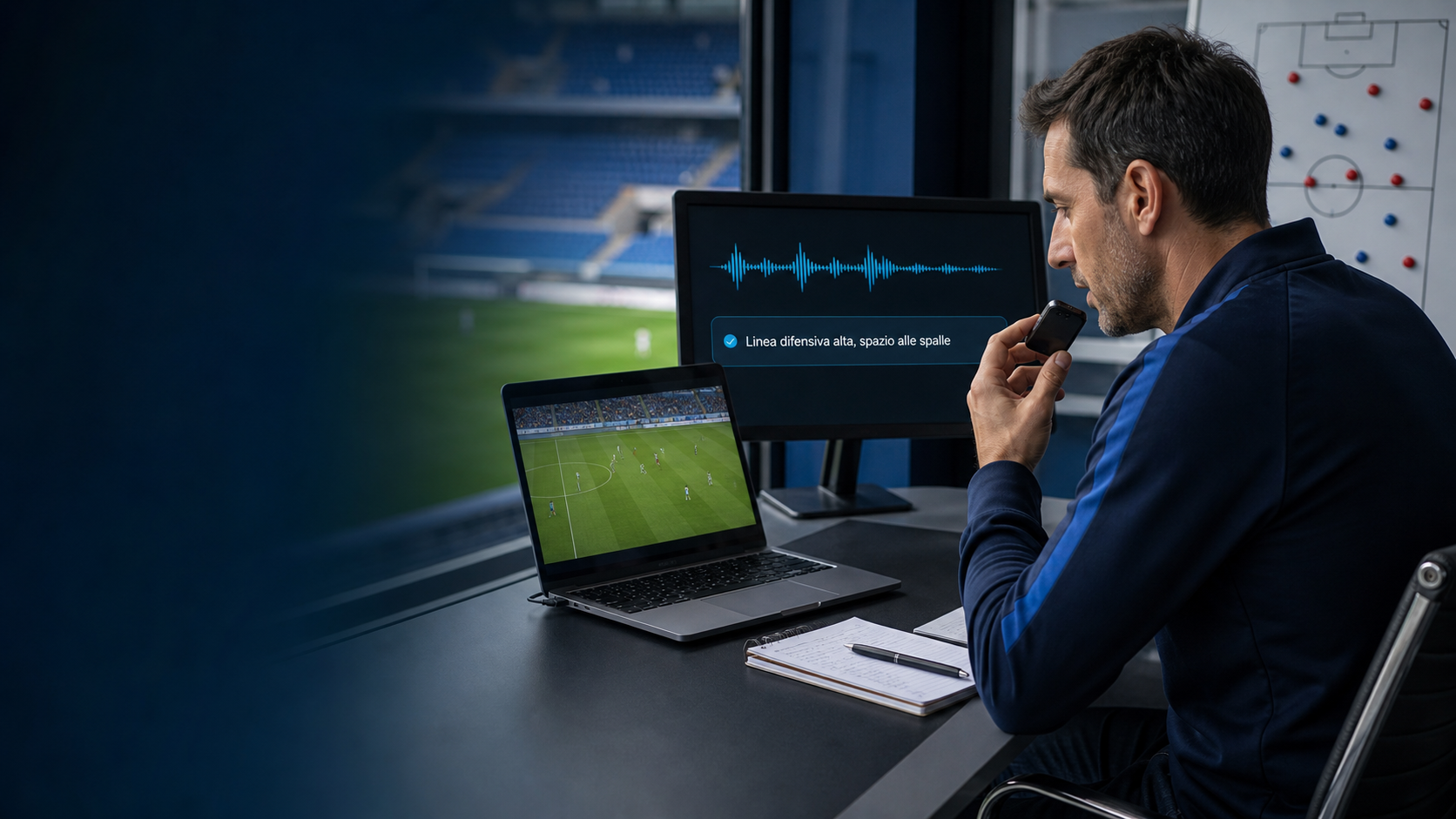 Match analyst che detta una nota tecnica mentre analizza una partita di calcio